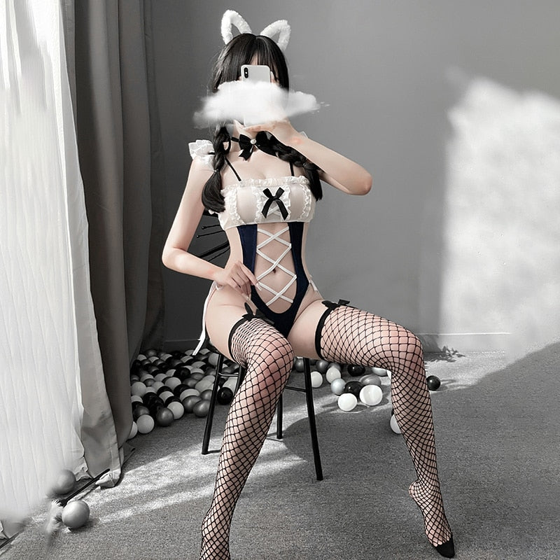 Sexy Lingerie Maid Cosplay Outfit for Women Kawaii Cat Costume Hollow Out Sleeveless Halter Japanese Swimsuit Bodysuit Underwear
