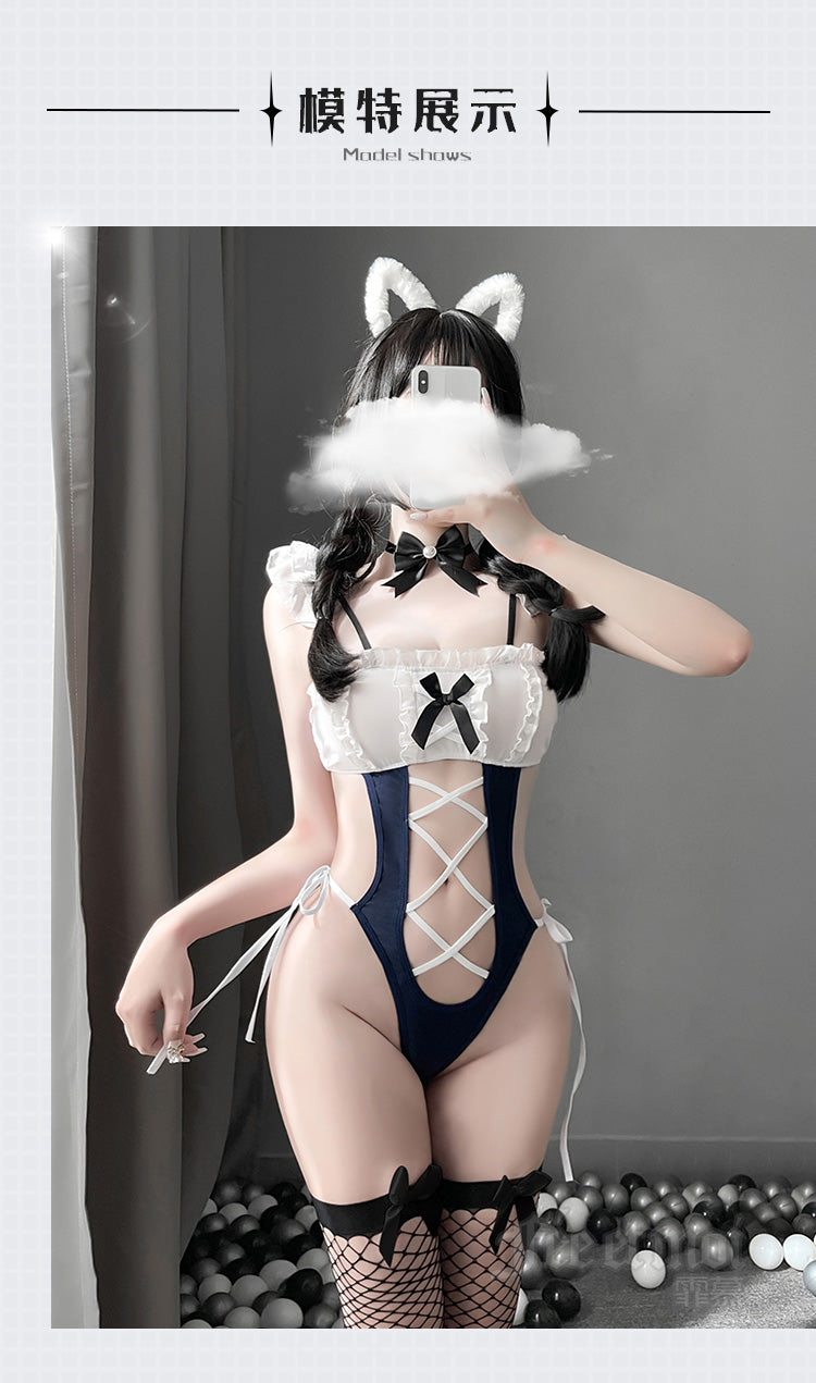 Sexy Lingerie Maid Cosplay Outfit for Women Kawaii Cat Costume Hollow Out Sleeveless Halter Japanese Swimsuit Bodysuit Underwear