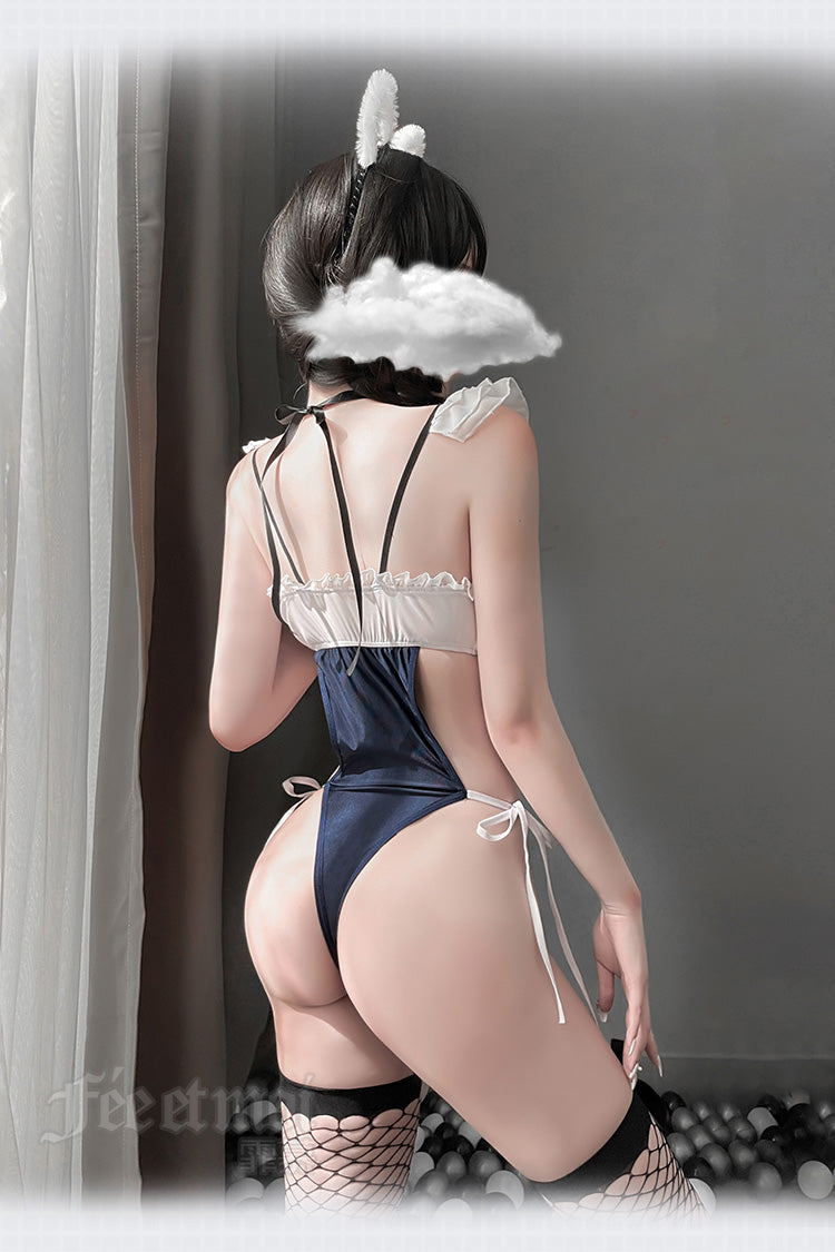 Sexy Lingerie Maid Cosplay Outfit for Women Kawaii Cat Costume Hollow Out Sleeveless Halter Japanese Swimsuit Bodysuit Underwear