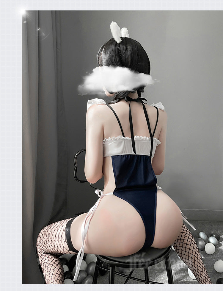 Sexy Lingerie Maid Cosplay Outfit for Women Kawaii Cat Costume Hollow Out Sleeveless Halter Japanese Swimsuit Bodysuit Underwear