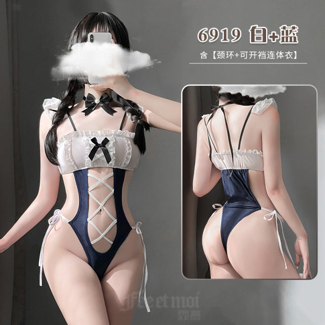 Sexy Lingerie Maid Cosplay Outfit for Women Kawaii Cat Costume Hollow Out Sleeveless Halter Japanese Swimsuit Bodysuit Underwear