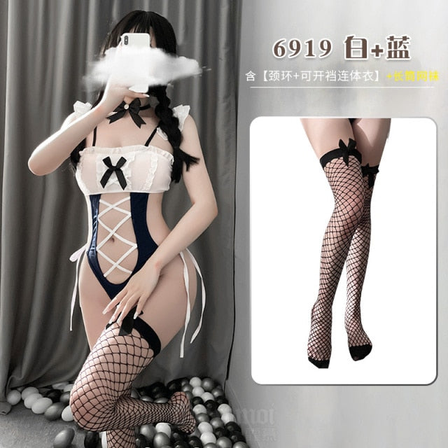 Sexy Lingerie Maid Cosplay Outfit for Women Kawaii Cat Costume Hollow Out Sleeveless Halter Japanese Swimsuit Bodysuit Underwear