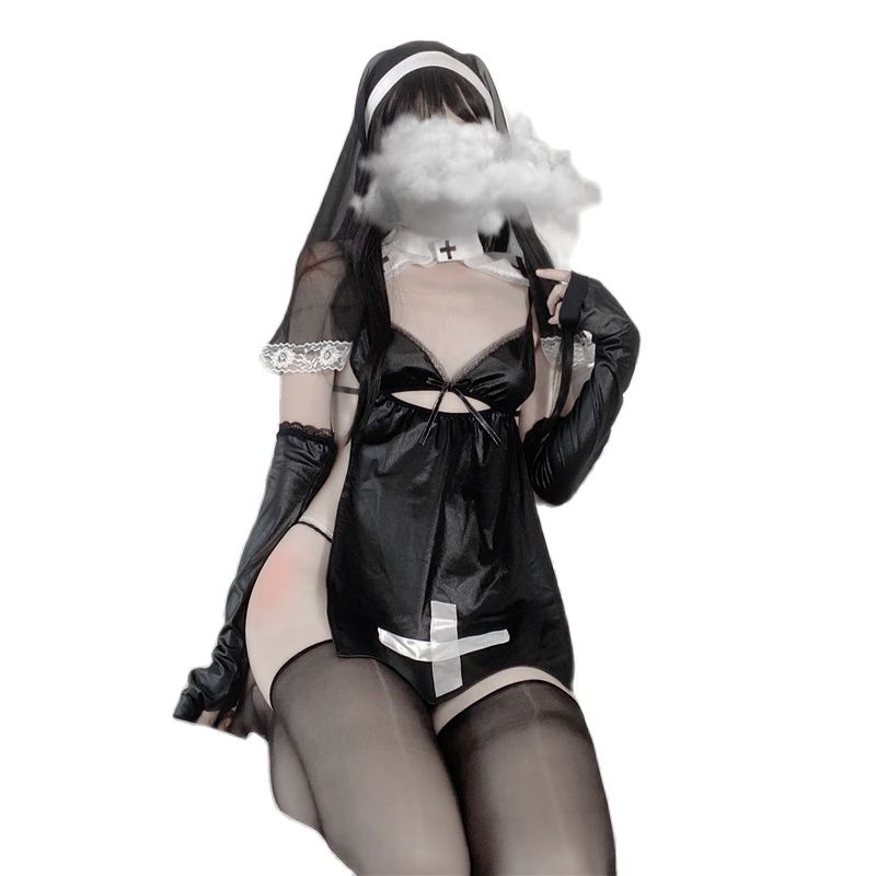 Japanese Nun Series Patent Sleepwear Anime Sister Cosplay Lingerie Princess Maid Outfit Gothic Pajamas Dress Three-piece Sets