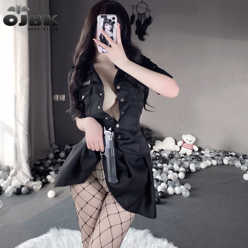 OJBK Female Police Officer Costumes Open Chest Temptation Policewoman Uniform Sexy Lingerie  Night Stewardess Role-Playing Games