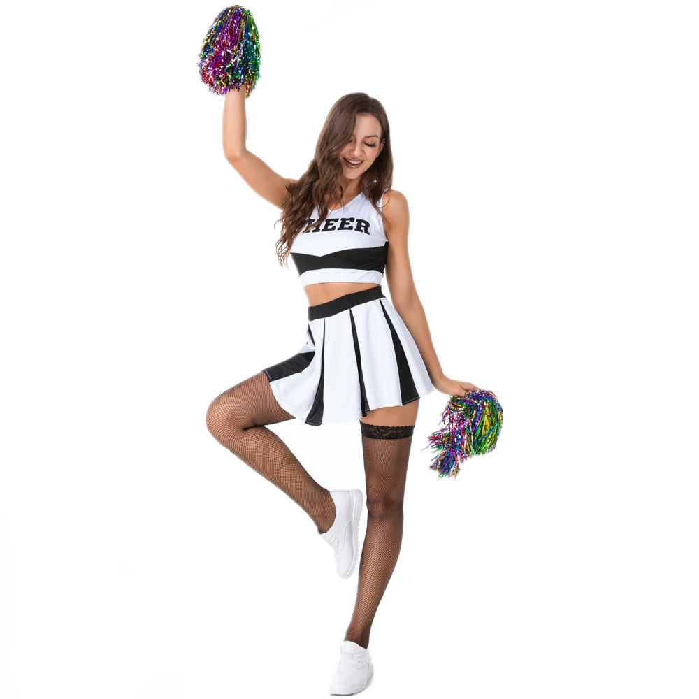 Womens Cheerleader Costume Outfit Lingerie Cheerleading School Girls Cosplay Clubwear Crop Top with Mini Pleated Skirt Pompoms