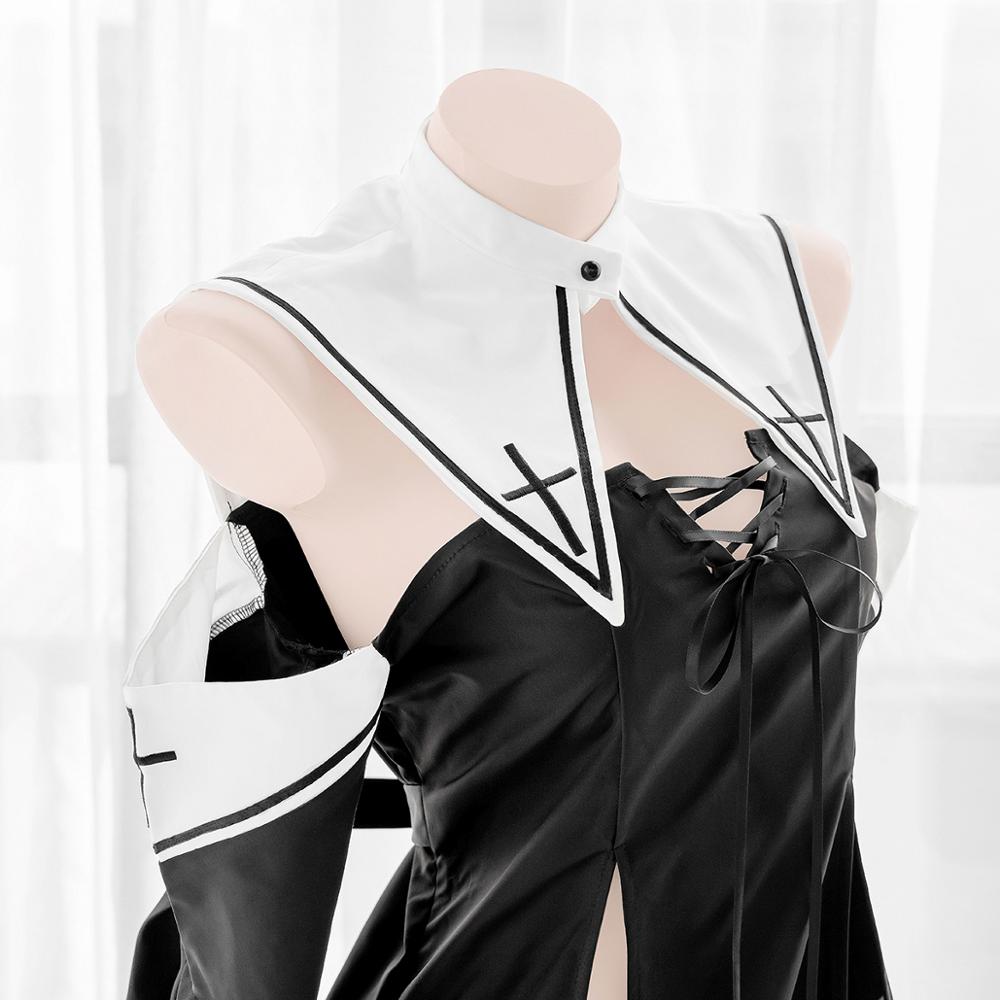 Battle Nun Girl Long Dress Sexy Cross Strapless Nightdress Women Hight Slit Open chest Uniform Set Lolita Vintage Pajamas