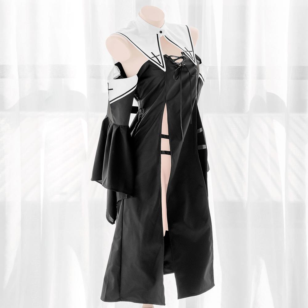 Battle Nun Girl Long Dress Sexy Cross Strapless Nightdress Women Hight Slit Open chest Uniform Set Lolita Vintage Pajamas