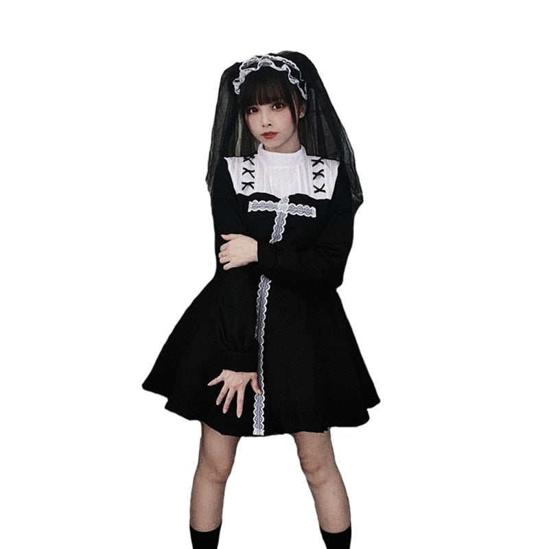Black Gothic E Girl Nun Lolita Dress Cosplay Costume For Girl Woman Party Dress