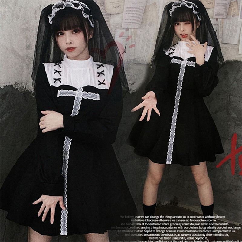 Black Gothic E Girl Nun Lolita Dress Cosplay Costume For Girl Woman Party Dress