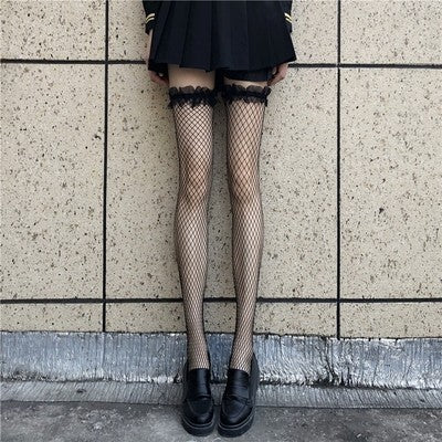 Thin cute bow fishnet stockings sexy lace large mesh stockings over the knee socks