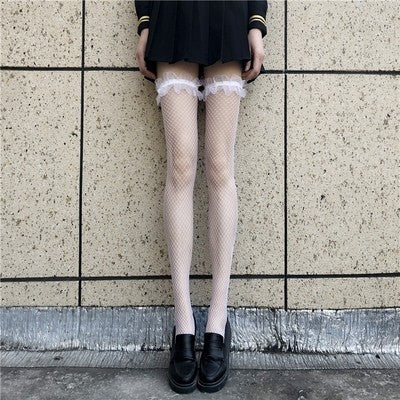 Thin cute bow fishnet stockings sexy lace large mesh stockings over the knee socks