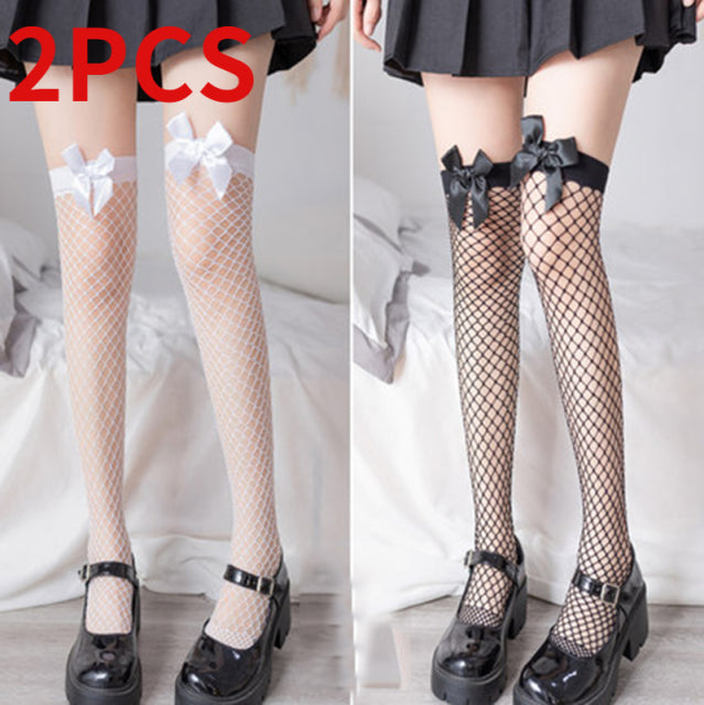 Thin cute bow fishnet stockings sexy lace large mesh stockings over the knee socks