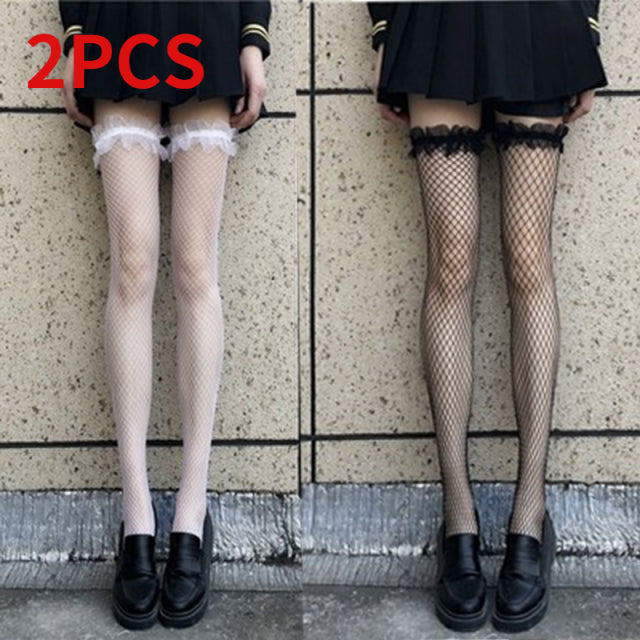 Thin cute bow fishnet stockings sexy lace large mesh stockings over the knee socks