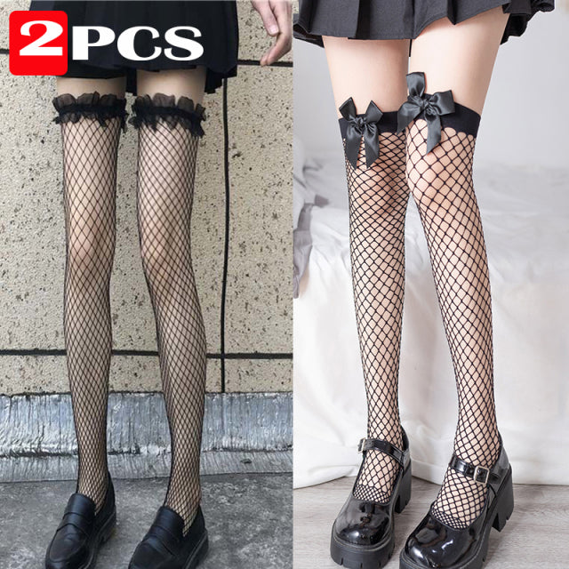 Thin cute bow fishnet stockings sexy lace large mesh stockings over the knee socks