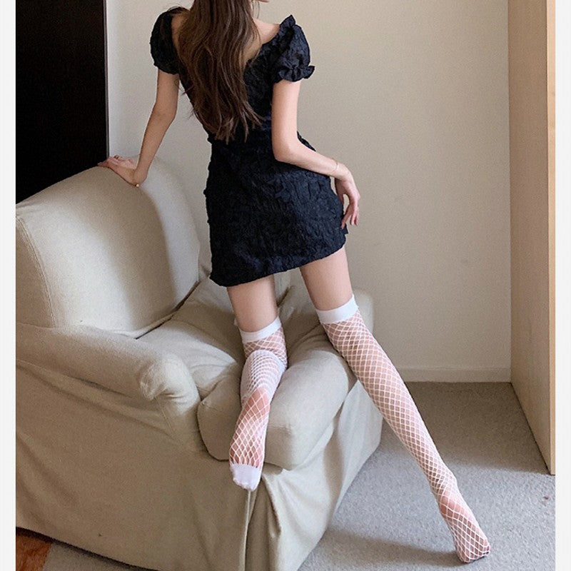 Thin cute bow fishnet stockings sexy lace large mesh stockings over the knee socks