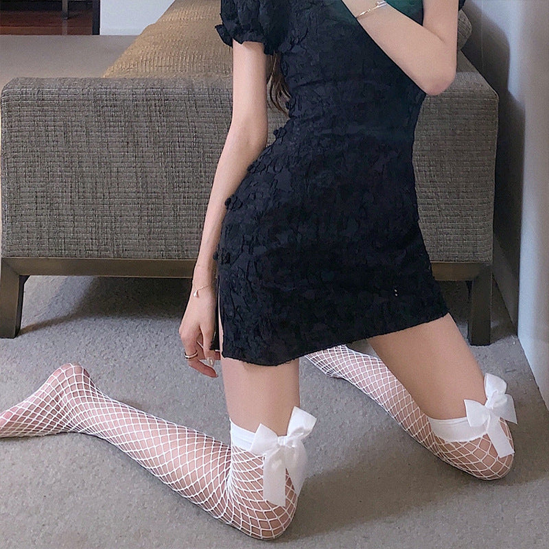 Thin cute bow fishnet stockings sexy lace large mesh stockings over the knee socks