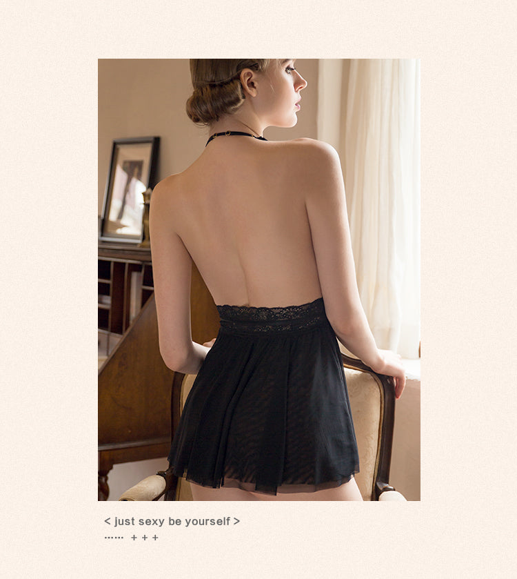 Backless Tulle Nightdress Lace Halter Neck Mesh Underwear Nighty for Ladies Night Dress Sleepwear Women Sexy Lingerie Nightwear