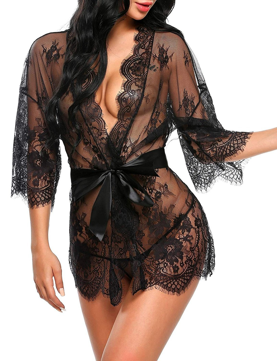 Sexy Women Lingerie Lace Night Dress Sleepwear Nightgown Bandage Deep V G-String See Through Sexy Sheer Sleep Dress Robe