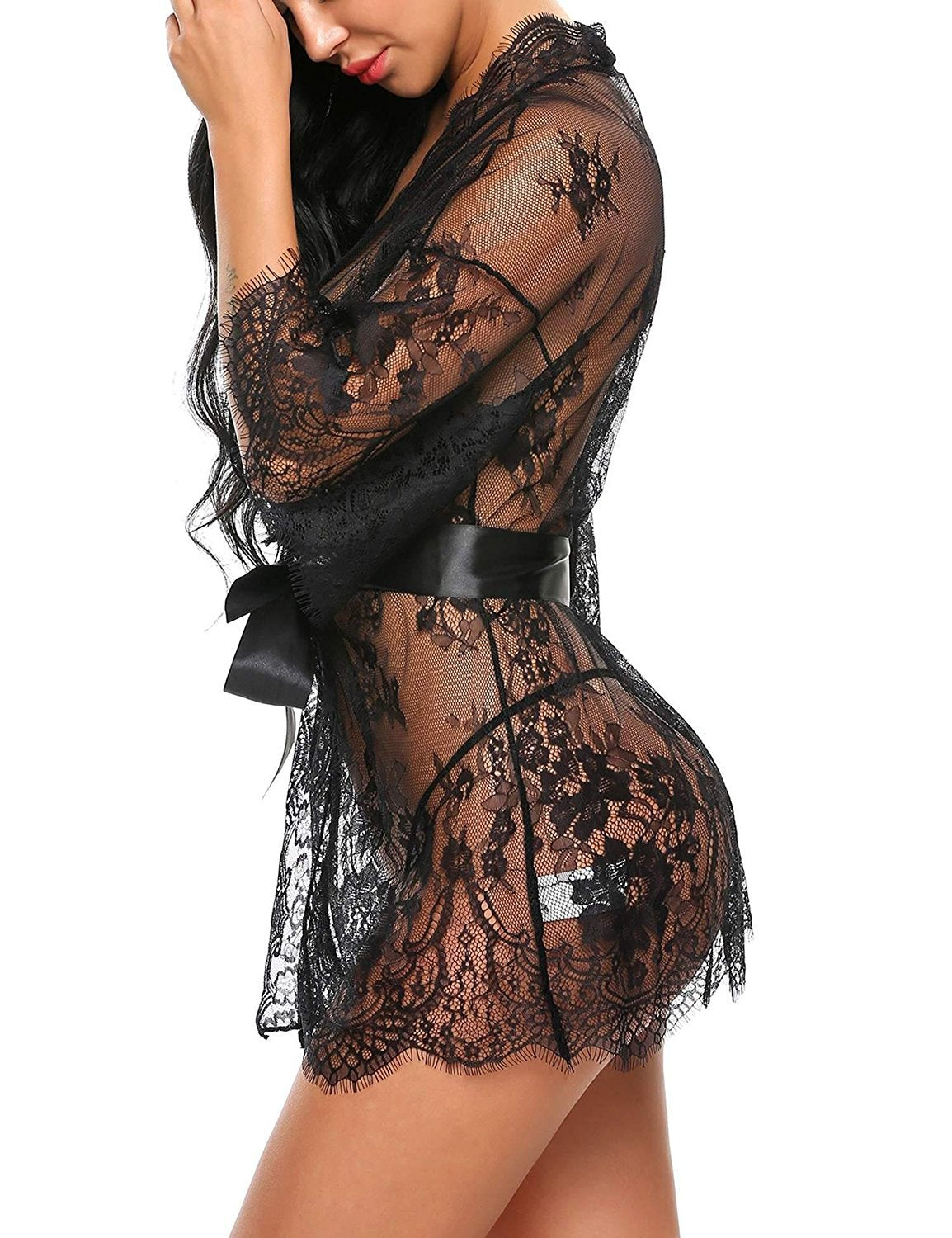 Sexy Women Lingerie Lace Night Dress Sleepwear Nightgown Bandage Deep V G-String See Through Sexy Sheer Sleep Dress Robe