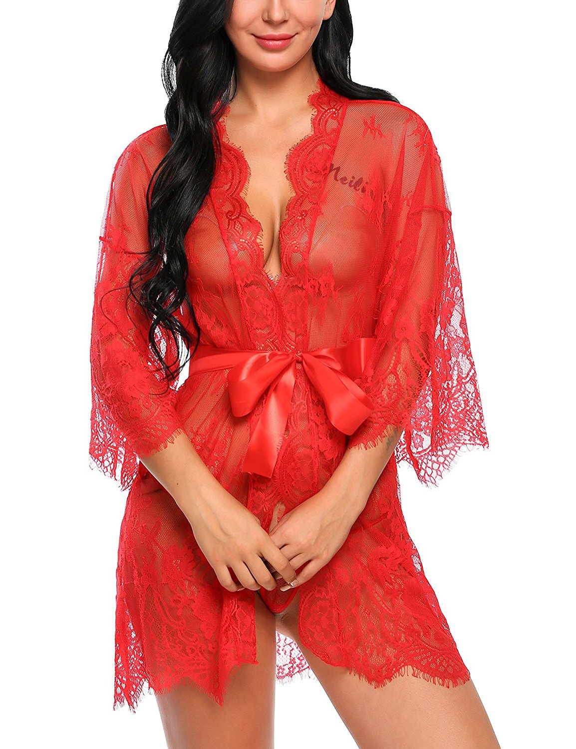Sexy Women Lingerie Lace Night Dress Sleepwear Nightgown Bandage Deep V G-String See Through Sexy Sheer Sleep Dress Robe
