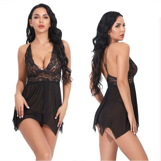Women Sexy Lingerie Lace Sleepwear Nightdress Straps Deep V Neck Hot Robe Dress Nightie Night Dress S-2XL