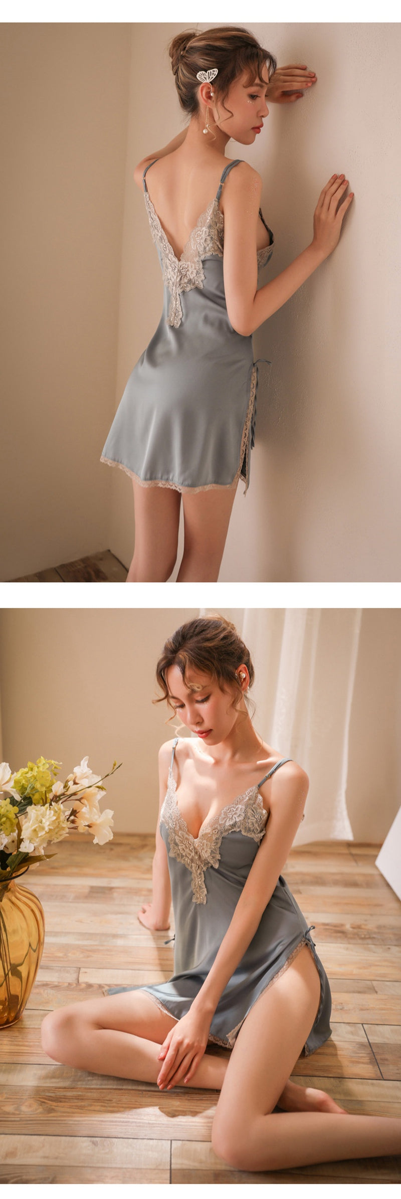 Lace Night Dress Lingerie Sleepwear Silk Nightgown Lingerie Porno Dress Dexy Deep V-neck Womens Clothing Side Split Backless