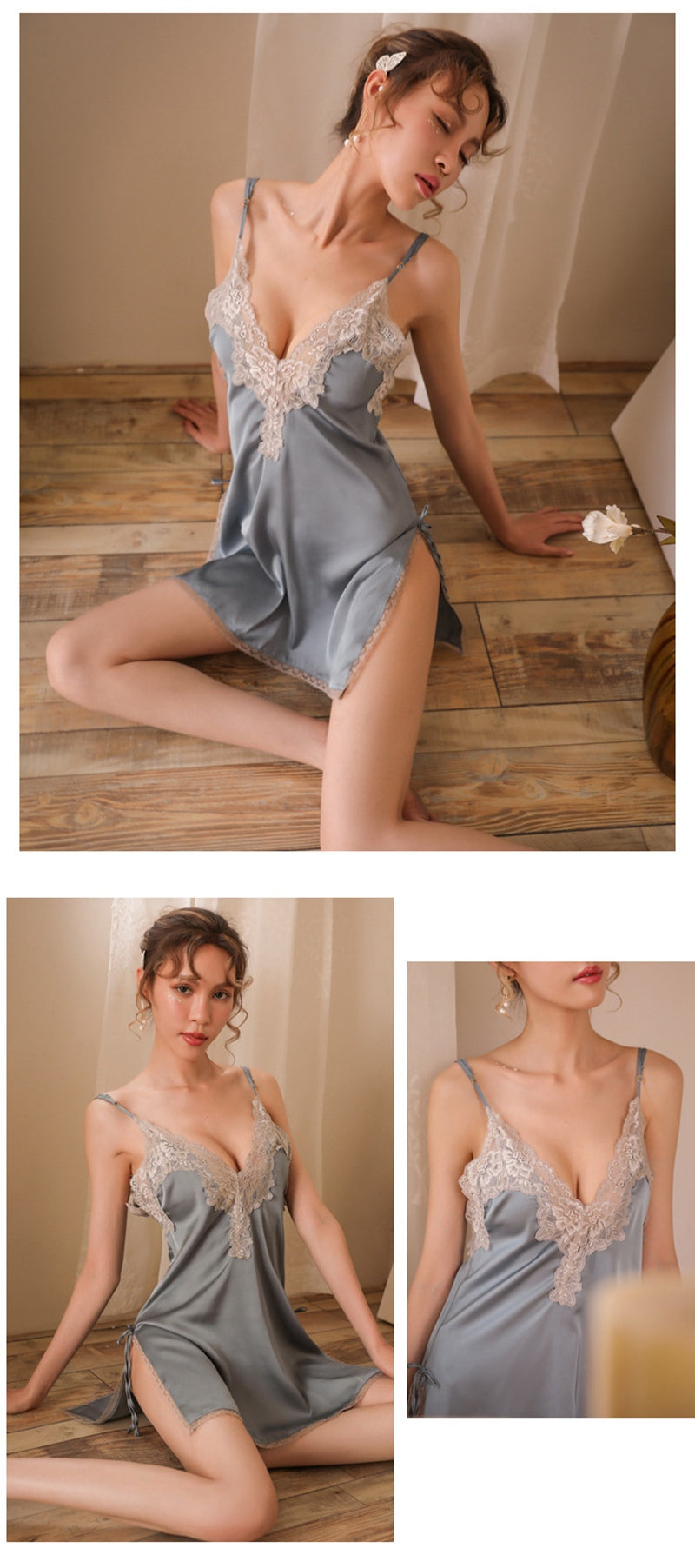 Lace Night Dress Lingerie Sleepwear Silk Nightgown Lingerie Porno Dress Dexy Deep V-neck Womens Clothing Side Split Backless