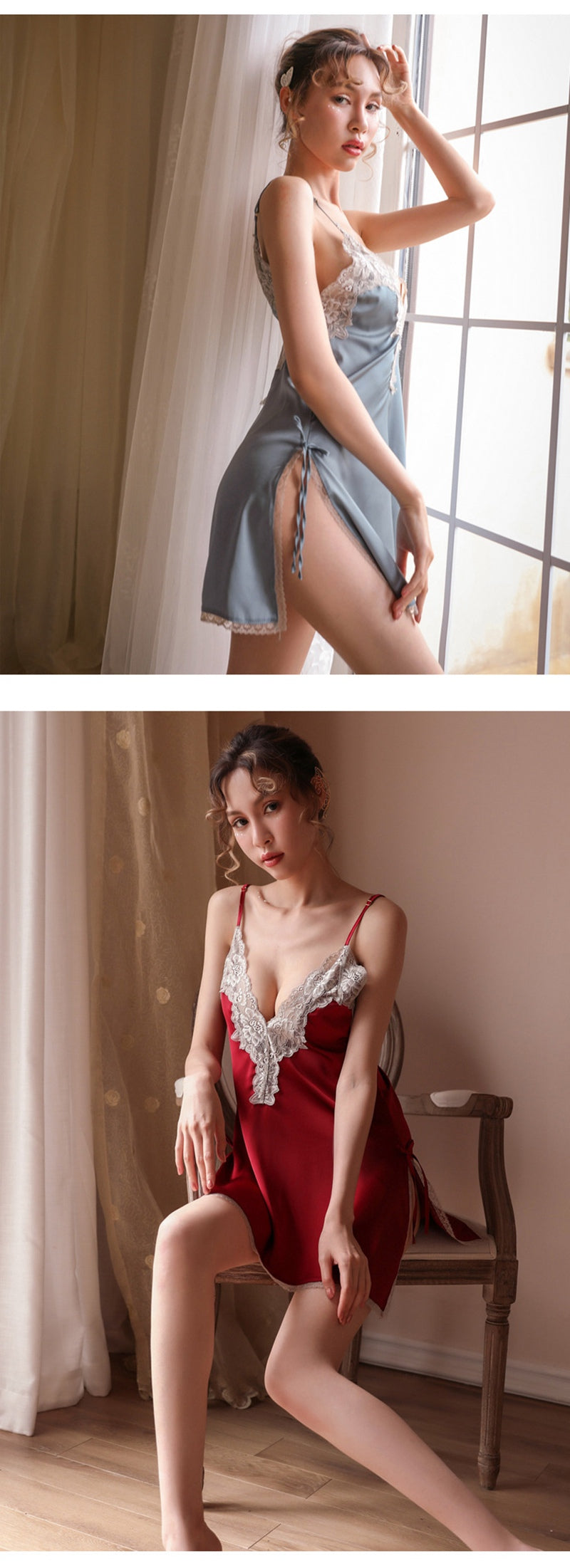 Lace Night Dress Lingerie Sleepwear Silk Nightgown Lingerie Porno Dress Dexy Deep V-neck Womens Clothing Side Split Backless