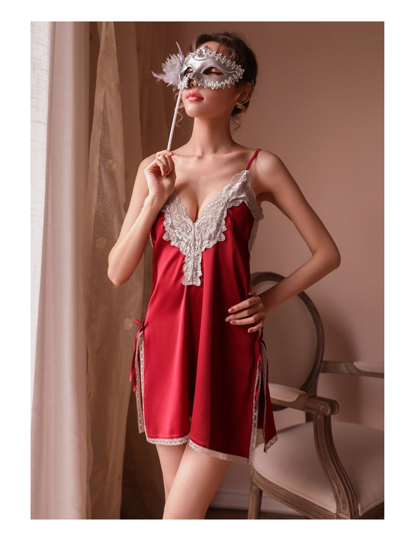 Lace Night Dress Lingerie Sleepwear Silk Nightgown Lingerie Porno Dress Dexy Deep V-neck Womens Clothing Side Split Backless