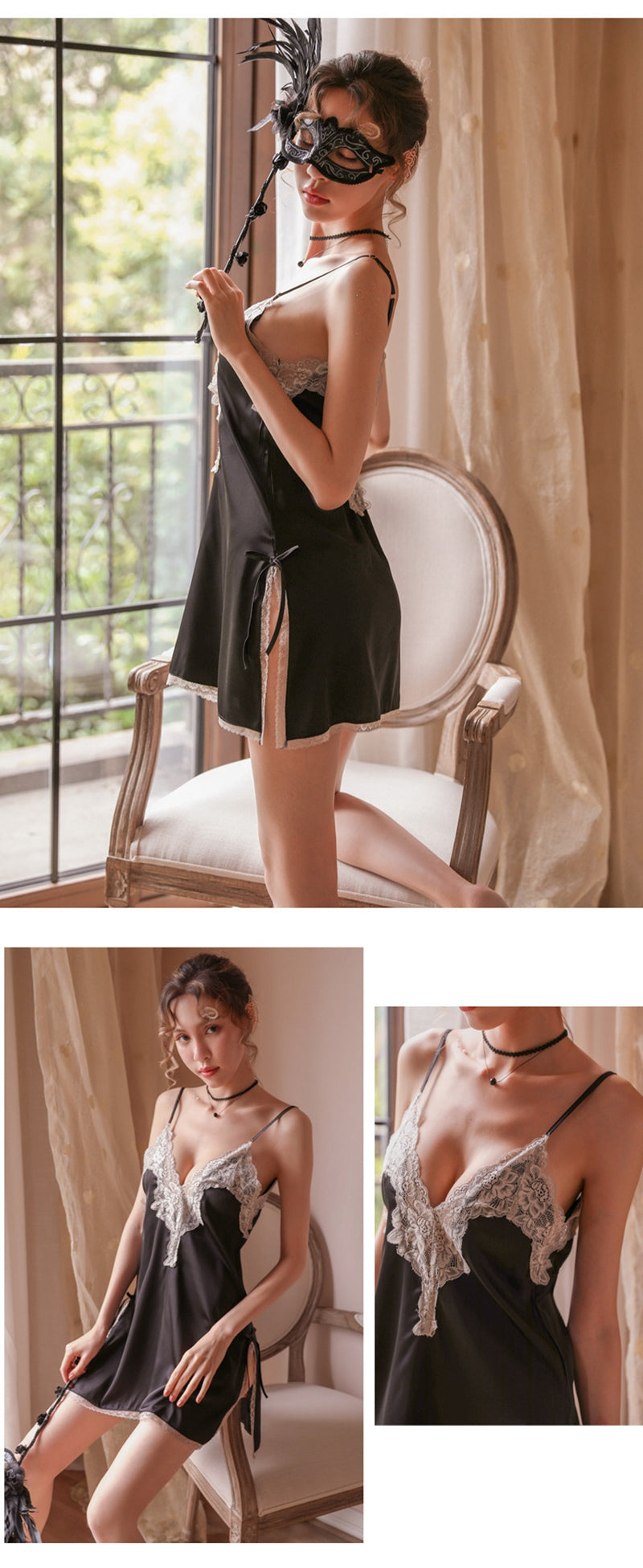 Lace Night Dress Lingerie Sleepwear Silk Nightgown Lingerie Porno Dress Dexy Deep V-neck Womens Clothing Side Split Backless