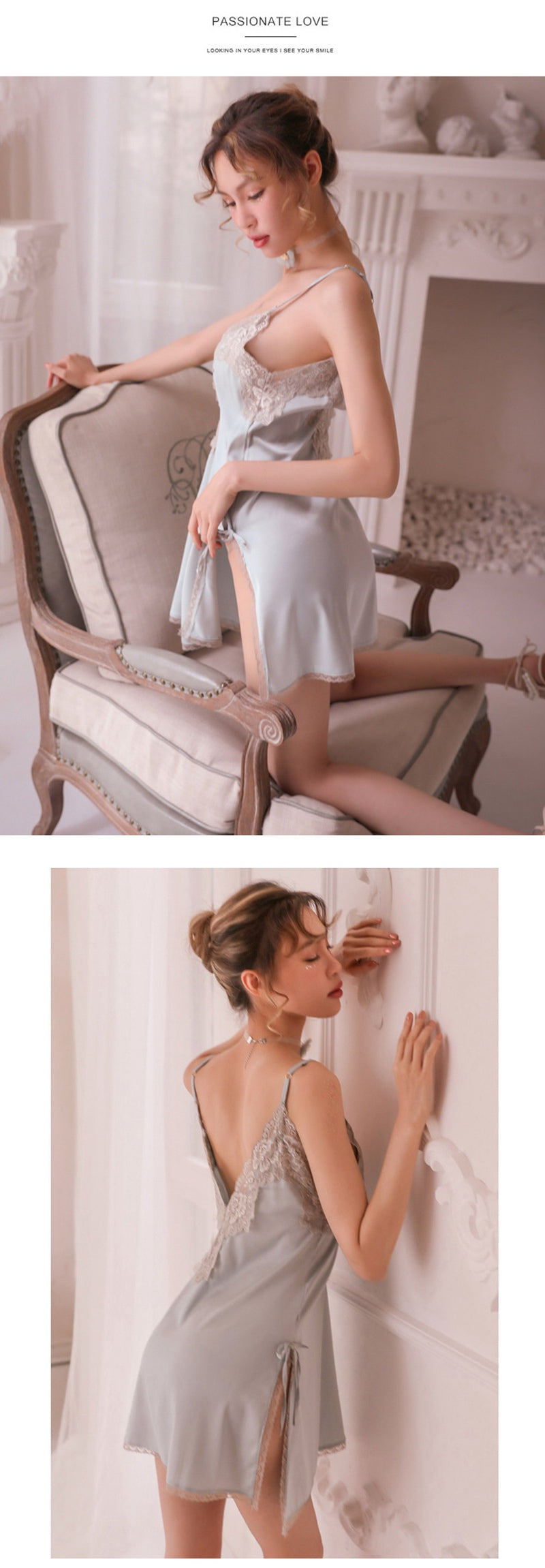 Lace Night Dress Lingerie Sleepwear Silk Nightgown Lingerie Porno Dress Dexy Deep V-neck Womens Clothing Side Split Backless