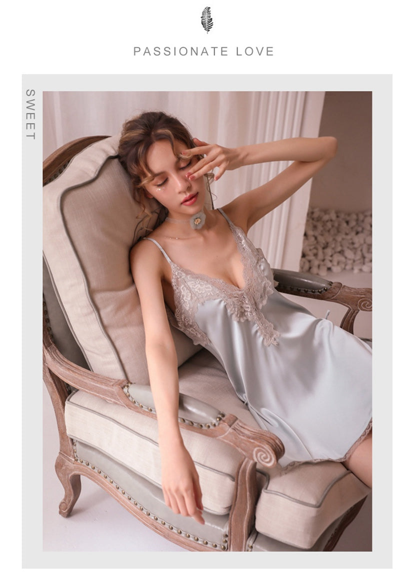 Lace Night Dress Lingerie Sleepwear Silk Nightgown Lingerie Porno Dress Dexy Deep V-neck Womens Clothing Side Split Backless