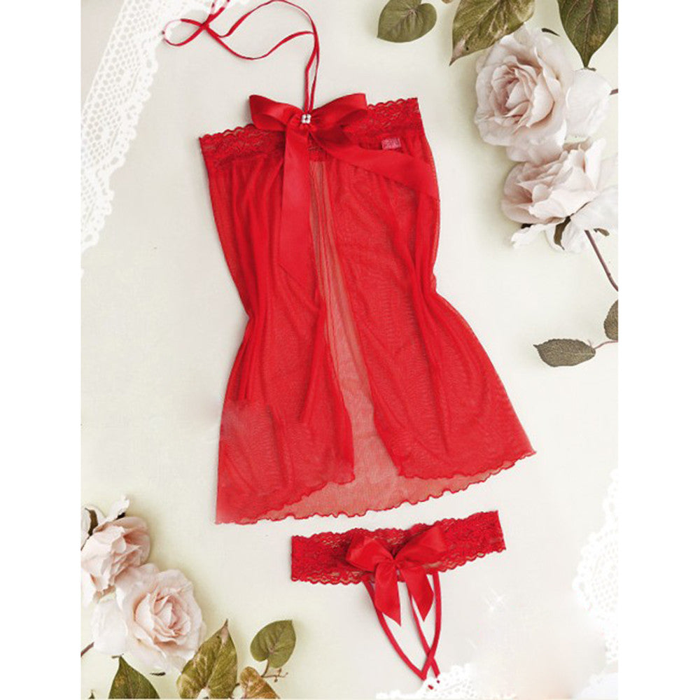 Night Dress+g-string Set Sexy Lingerie Babydoll Hot Erotic Underwear Red Bow Women Porno Sleepwear Temptation Pajamas Sex Costum