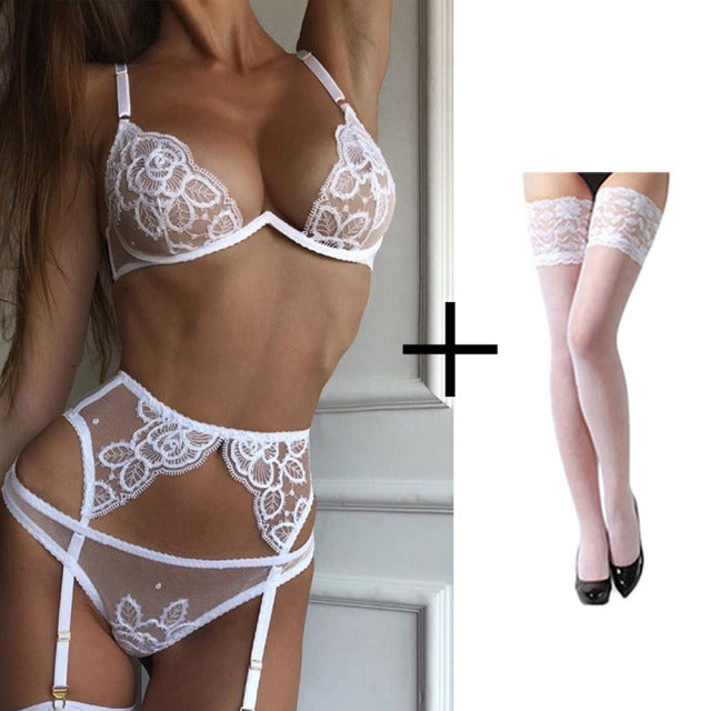 Steel Bracket European and American Sexy Lace Embroidery Fun Lace Flower Lingerie Fun Lingerie Three  Piece Set