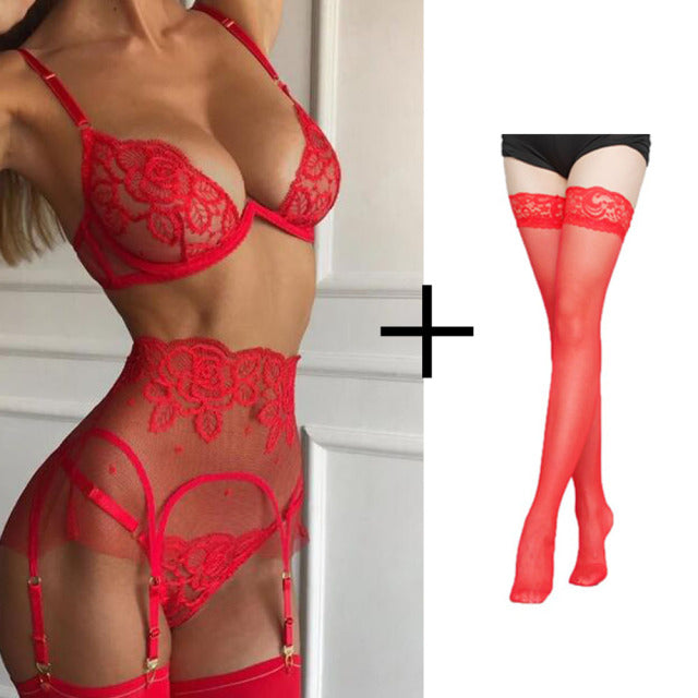 Steel Bracket European and American Sexy Lace Embroidery Fun Lace Flower Lingerie Fun Lingerie Three  Piece Set