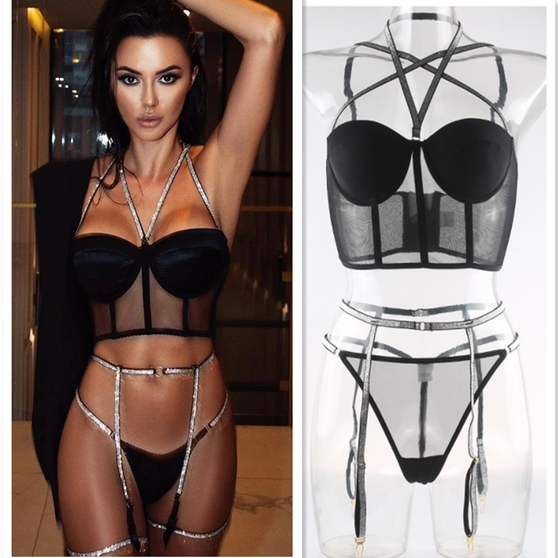 Sexy See Through Corset Push up Bra set 3 Pieces Bra+panty+garter Underwire Lingerie