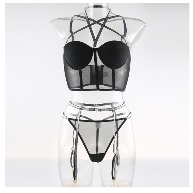 Sexy See Through Corset Push up Bra set 3 Pieces Bra+panty+garter Underwire Lingerie
