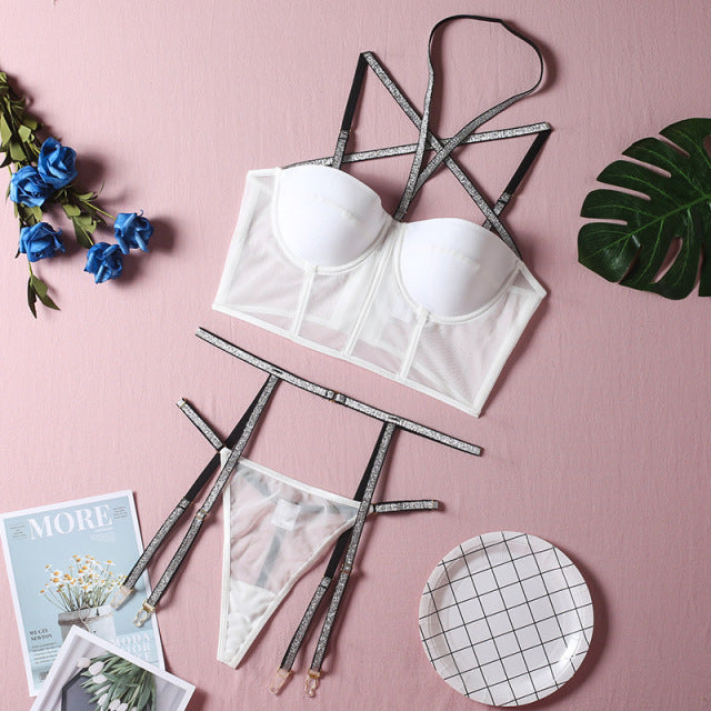 Sexy See Through Corset Push up Bra set 3 Pieces Bra+panty+garter Underwire Lingerie