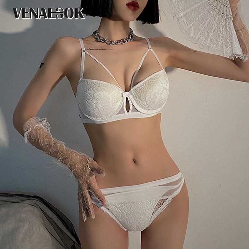 Classic Black Bandage Bras Panties Set Women Lingerie Embroidery Lace Brassiere Thick Push up Bra Cotton Sexy Underwear Set