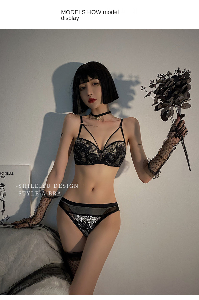 Classic Black Bandage Bras Panties Set Women Lingerie Embroidery Lace Brassiere Thick Push up Bra Cotton Sexy Underwear Set