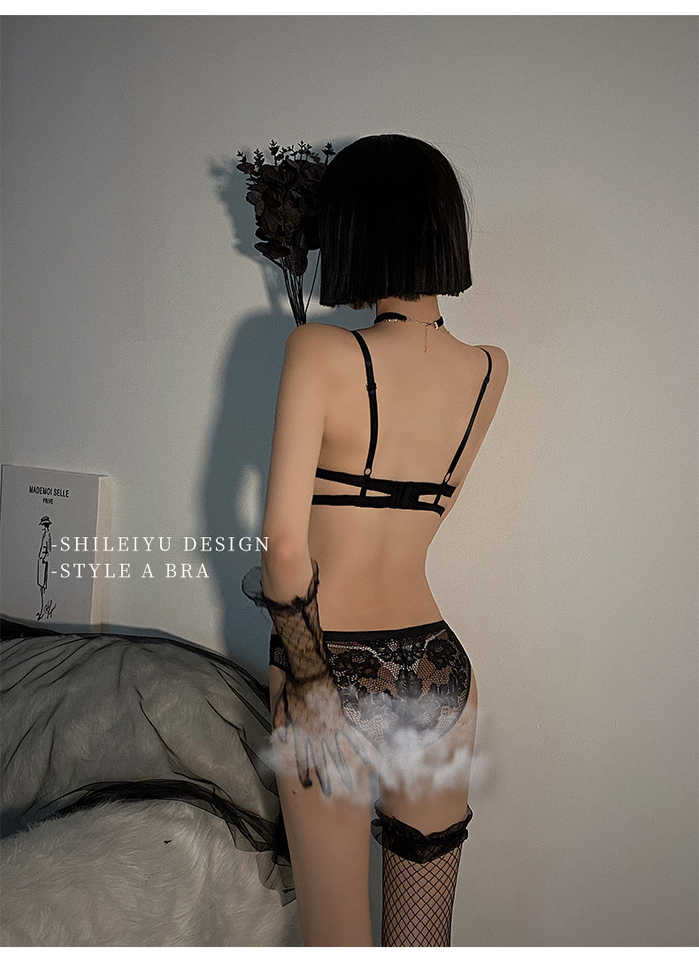 Classic Black Bandage Bras Panties Set Women Lingerie Embroidery Lace Brassiere Thick Push up Bra Cotton Sexy Underwear Set