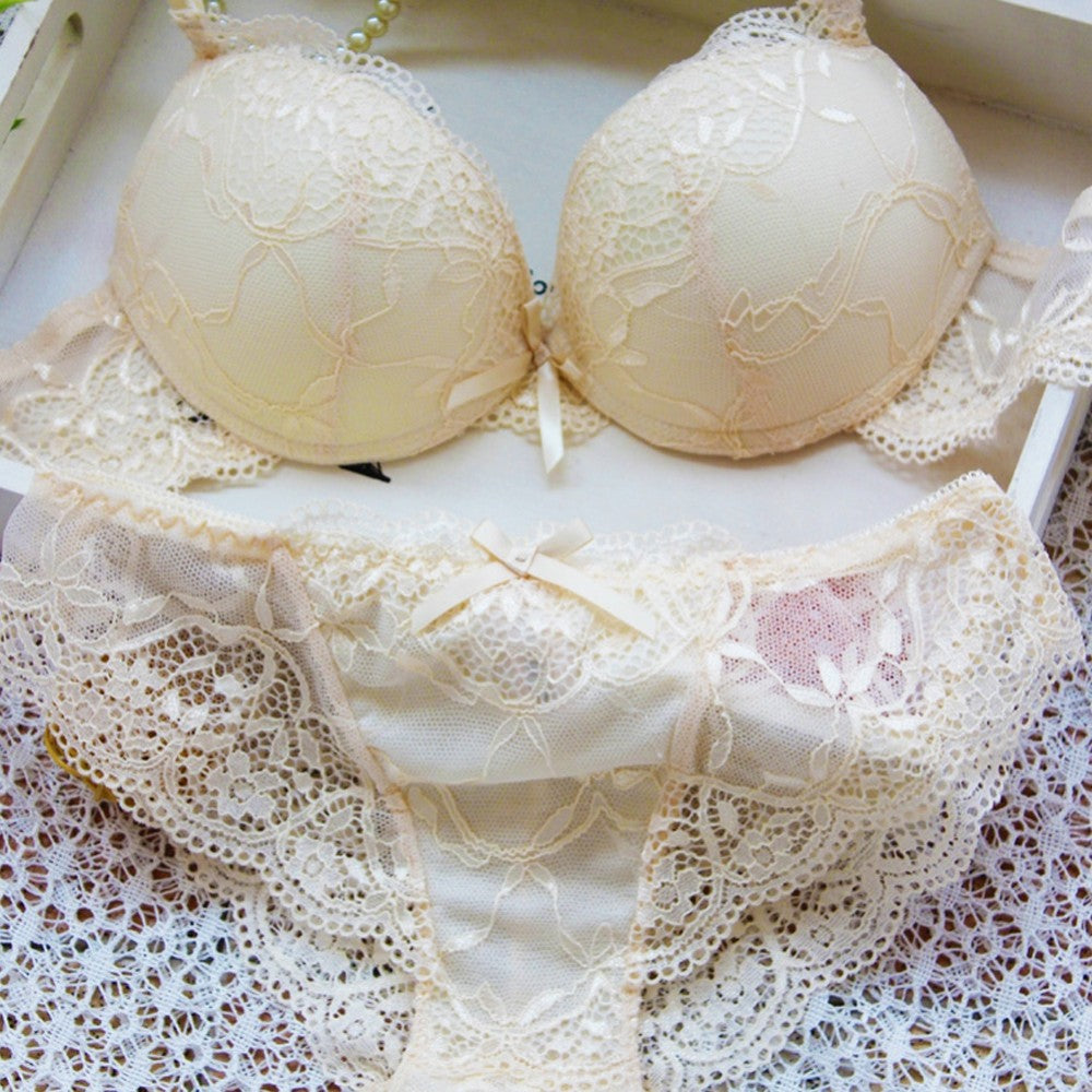 Sexy Elegant Bra and Panty Women Set Candy Colors Lady Bra Underwear Satin Lace Embroidery Bras Panties Sets B Cup