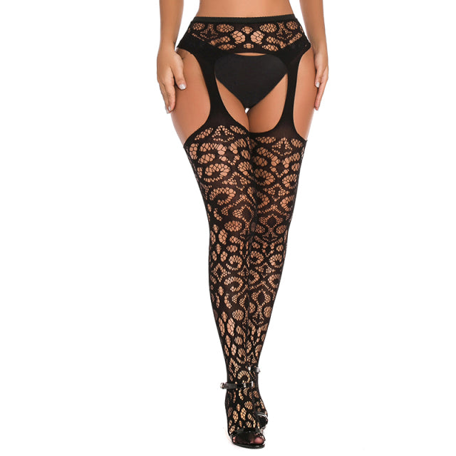 Women Sexy Body Stocking Lace Soft Top Thigh High Stockings + Suspender Garter Belt Over Knee Pantyhose Floral