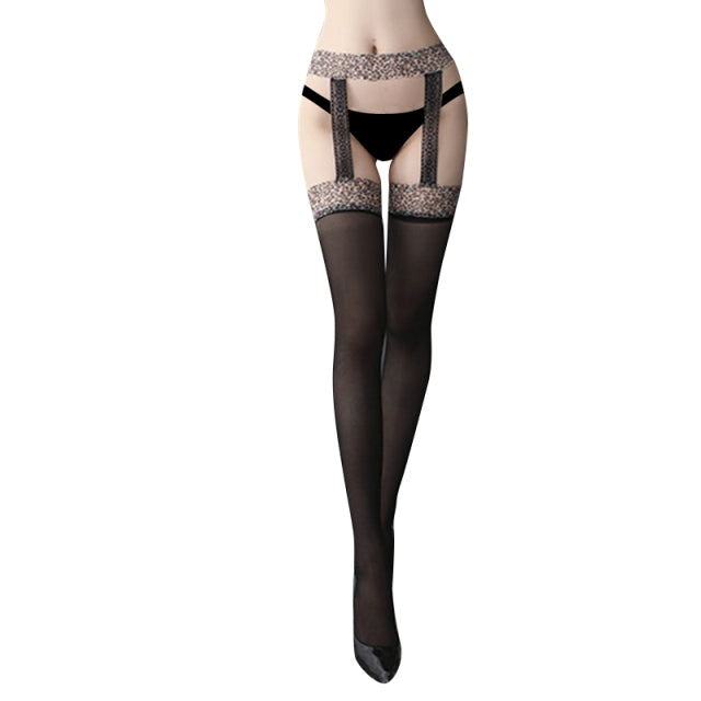 Women Sexy Body Stocking Lace Soft Top Thigh High Stockings + Suspender Garter Belt Over Knee Pantyhose Floral