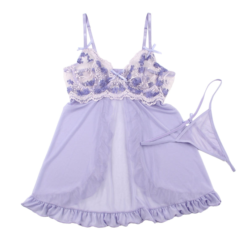 Plus Size Embroidery Lace Nightdress Womens Nightgown Sleepwear Lingerie Dress Spaghetti Strap Sleeping Dress with Thongs
