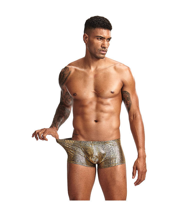 2Pcs/1Pcs Sexy Mens Snake Skin Imitation Leather Underwear Boxers Crotchless Boxer Shorts Men U Convex Low Waist Male Underpants