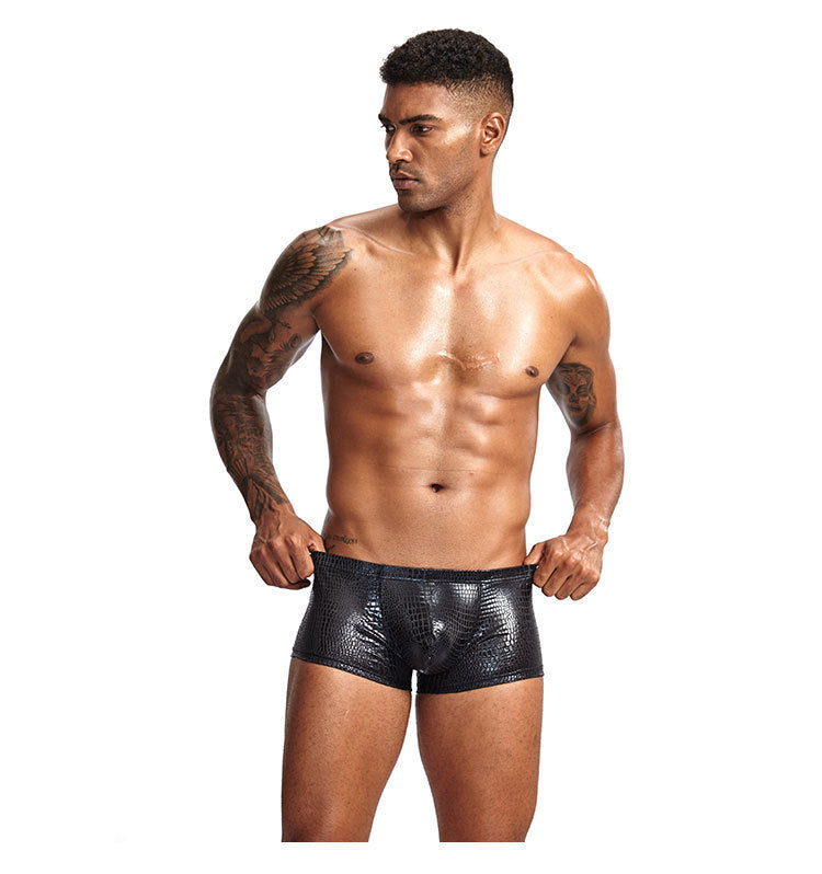 2Pcs/1Pcs Sexy Mens Snake Skin Imitation Leather Underwear Boxers Crotchless Boxer Shorts Men U Convex Low Waist Male Underpants