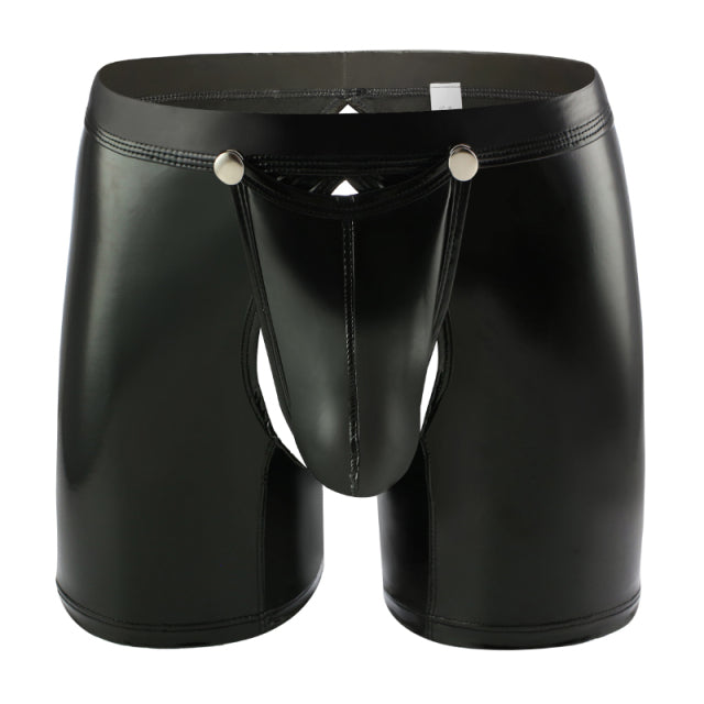 AIIOU Sexy Men Boxer Shorts Funny Faux Leather Underwear Wet Look Underpants Open Crotch Pouch Erotic Gay Cueca Male Panties