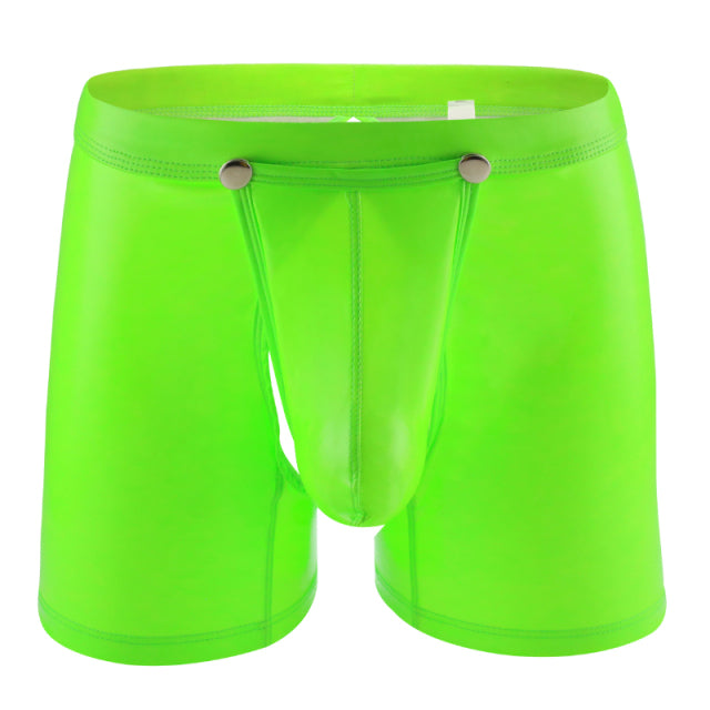 AIIOU Sexy Men Boxer Shorts Funny Faux Leather Underwear Wet Look Underpants Open Crotch Pouch Erotic Gay Cueca Male Panties