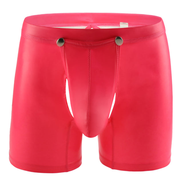AIIOU Sexy Men Boxer Shorts Funny Faux Leather Underwear Wet Look Underpants Open Crotch Pouch Erotic Gay Cueca Male Panties